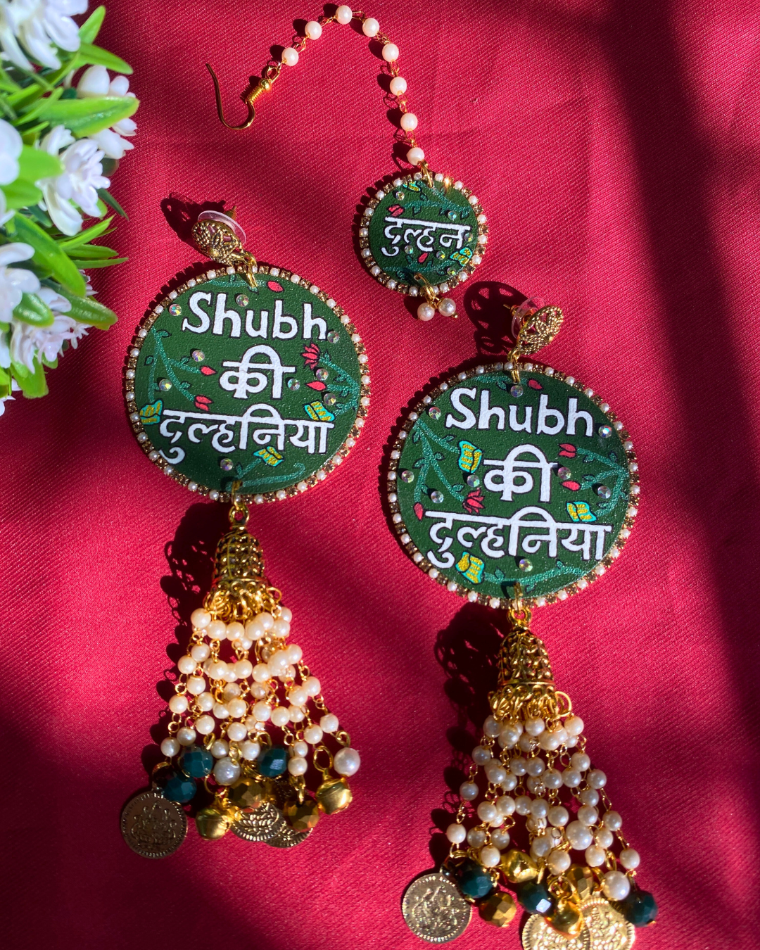 Green and White Hand Painted Jewellery Set with Charms