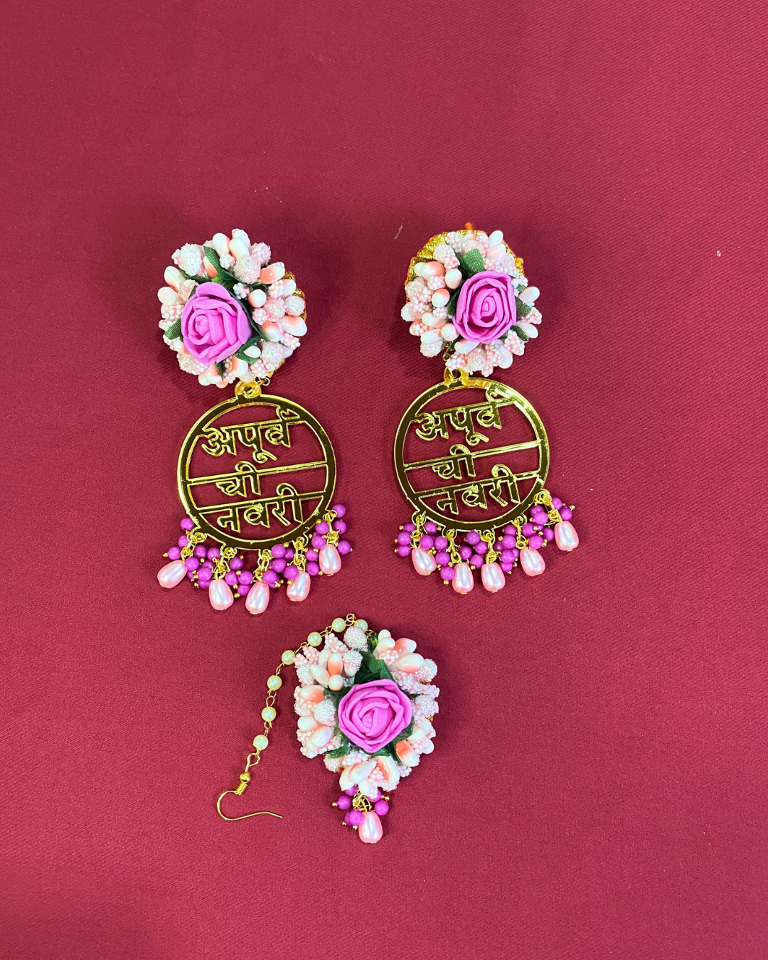 Acrylic Earring & Maang Tikka with Floral Stud