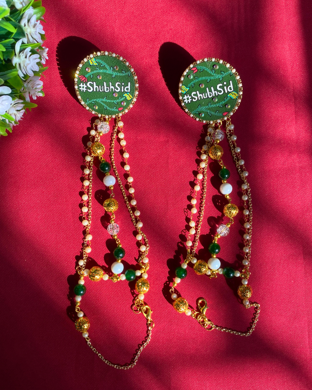 Green and White Hand Painted Jewellery Set with Charms