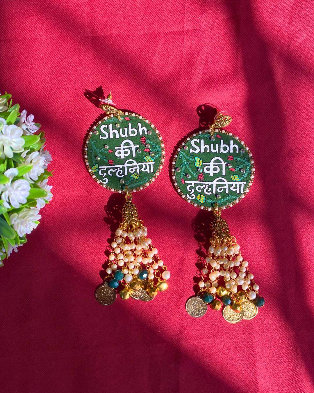 Green and White Hand Painted Jewellery Set with Charms