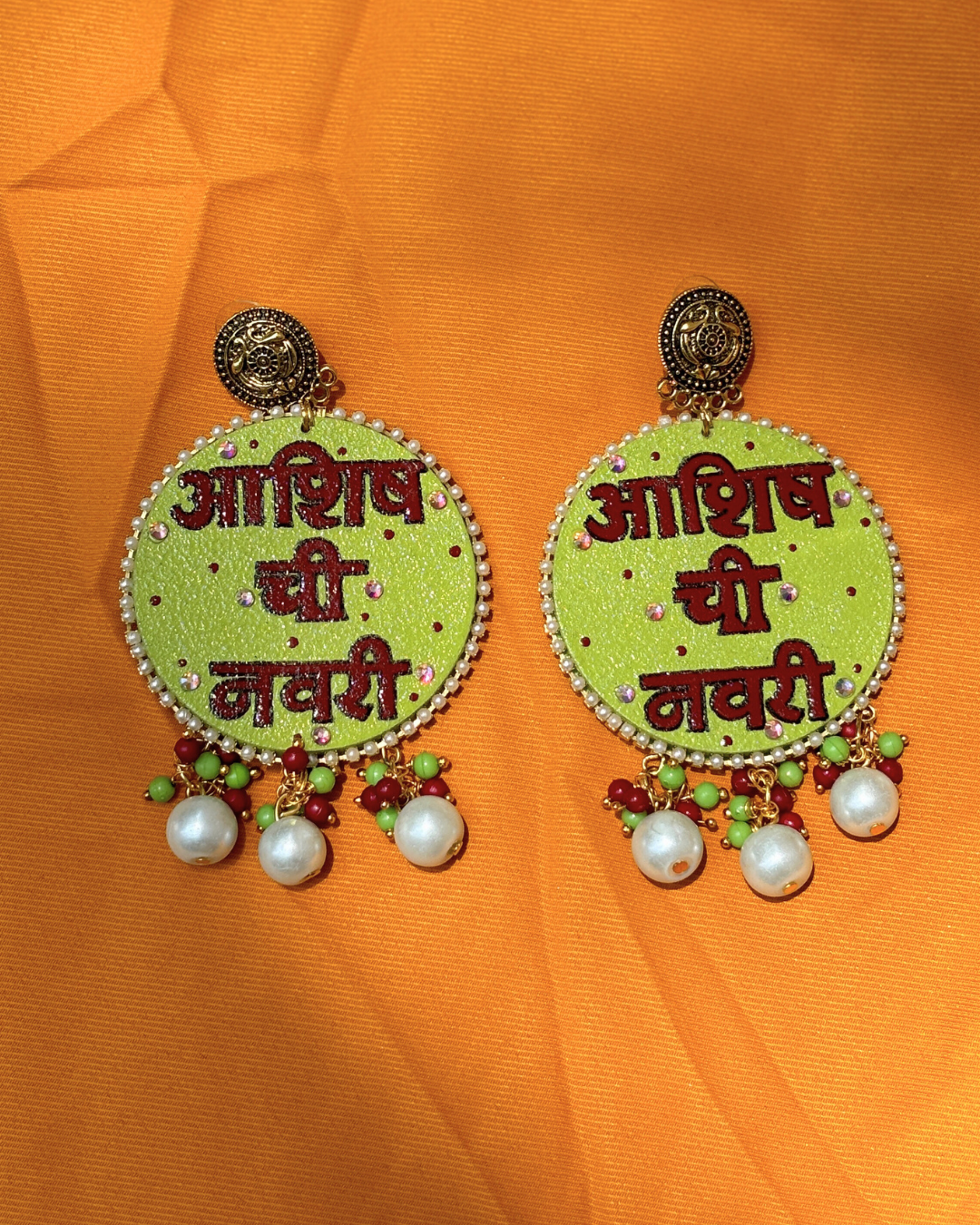 Hand-Painted Earrings and Maang Tikka Set with Groom Name Text | Green and Red