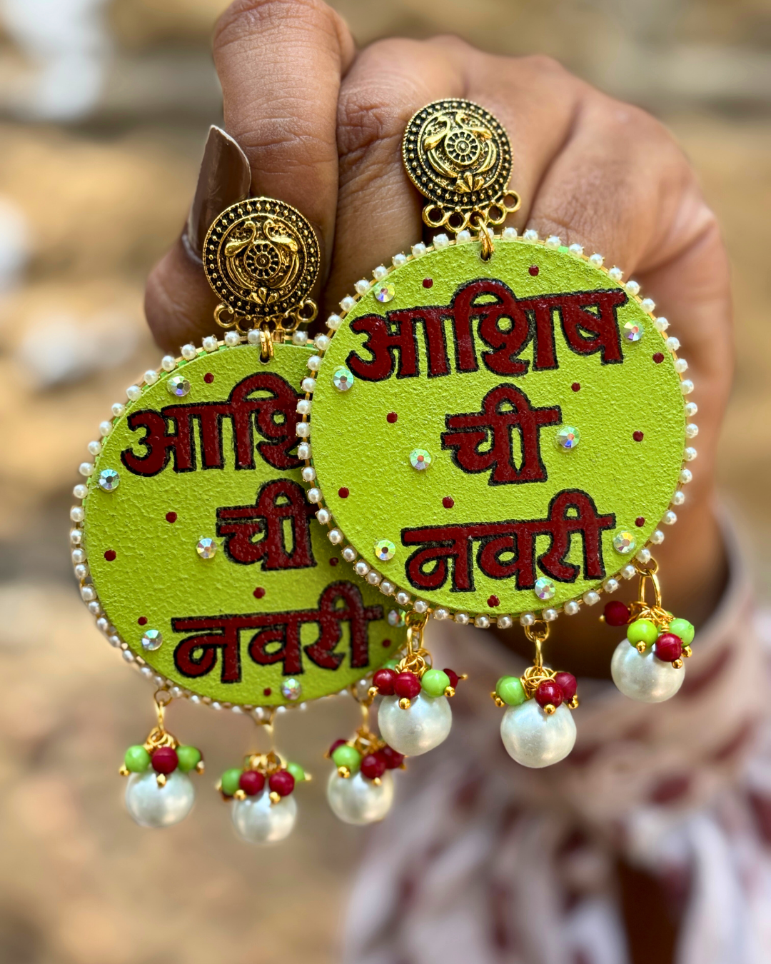 Hand-Painted Earrings and Maang Tikka Set with Groom Name Text | Green and Red