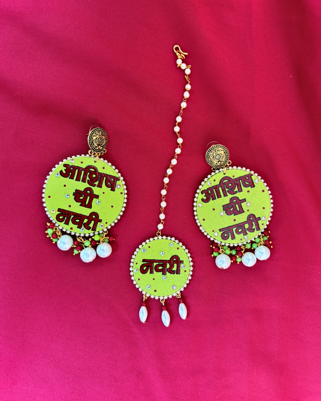 Hand-Painted Earrings and Maang Tikka Set with Groom Name Text | Green and Red