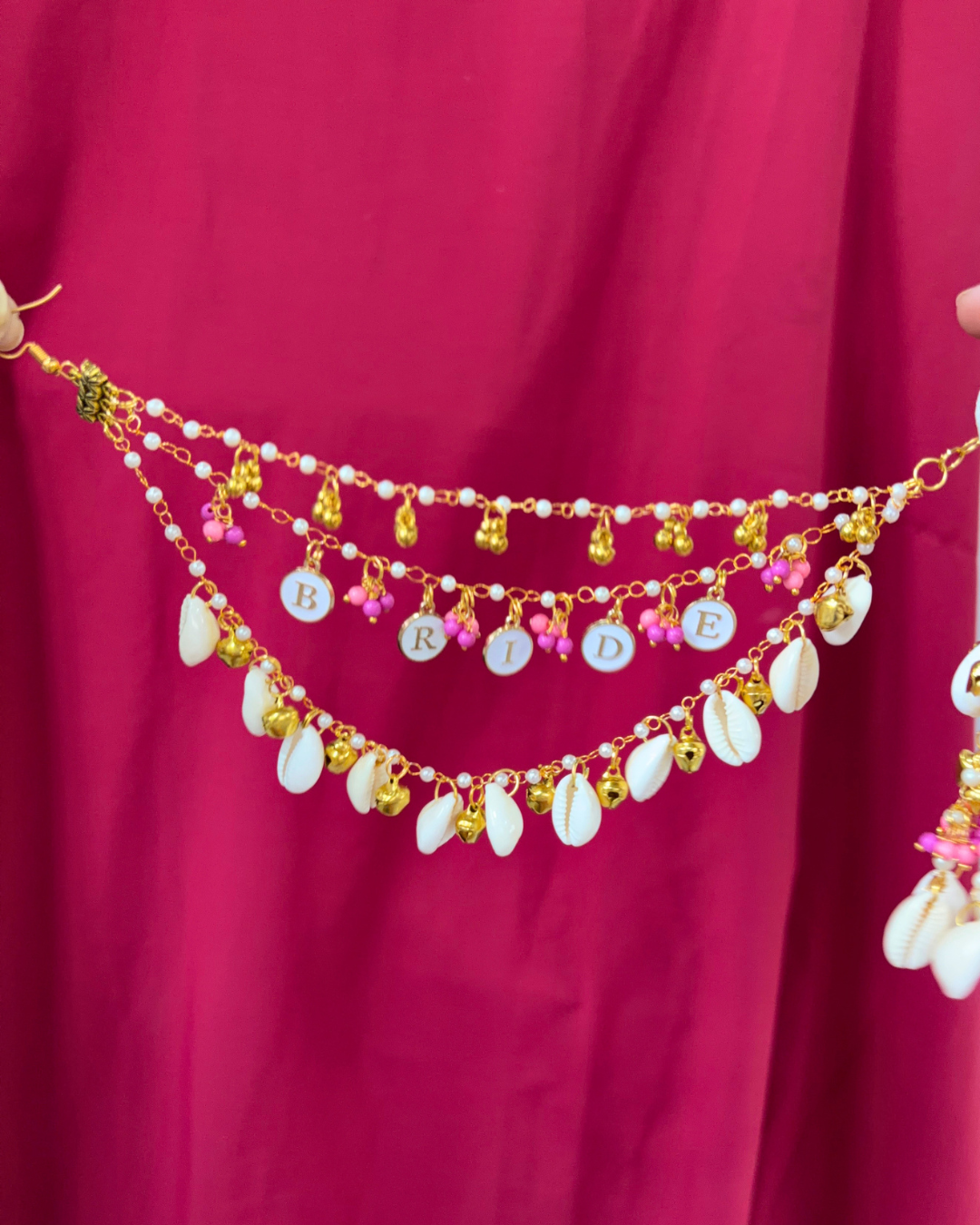 Hot Pink Pearl & Cowrie Shell Bride Latkan Haldi Jewellery
