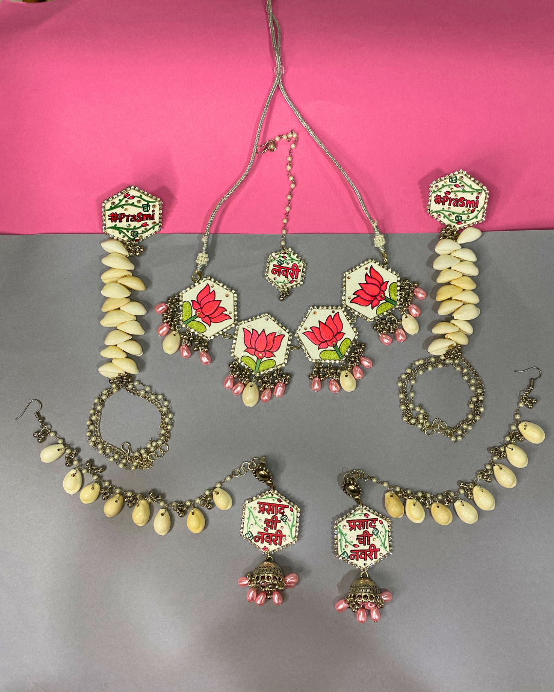 Hand Painted Pink and White Shell Theme Jewellery Set