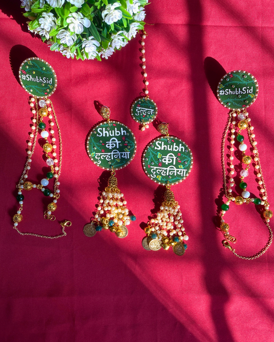 Green and White Hand Painted Jewellery Set with Charms