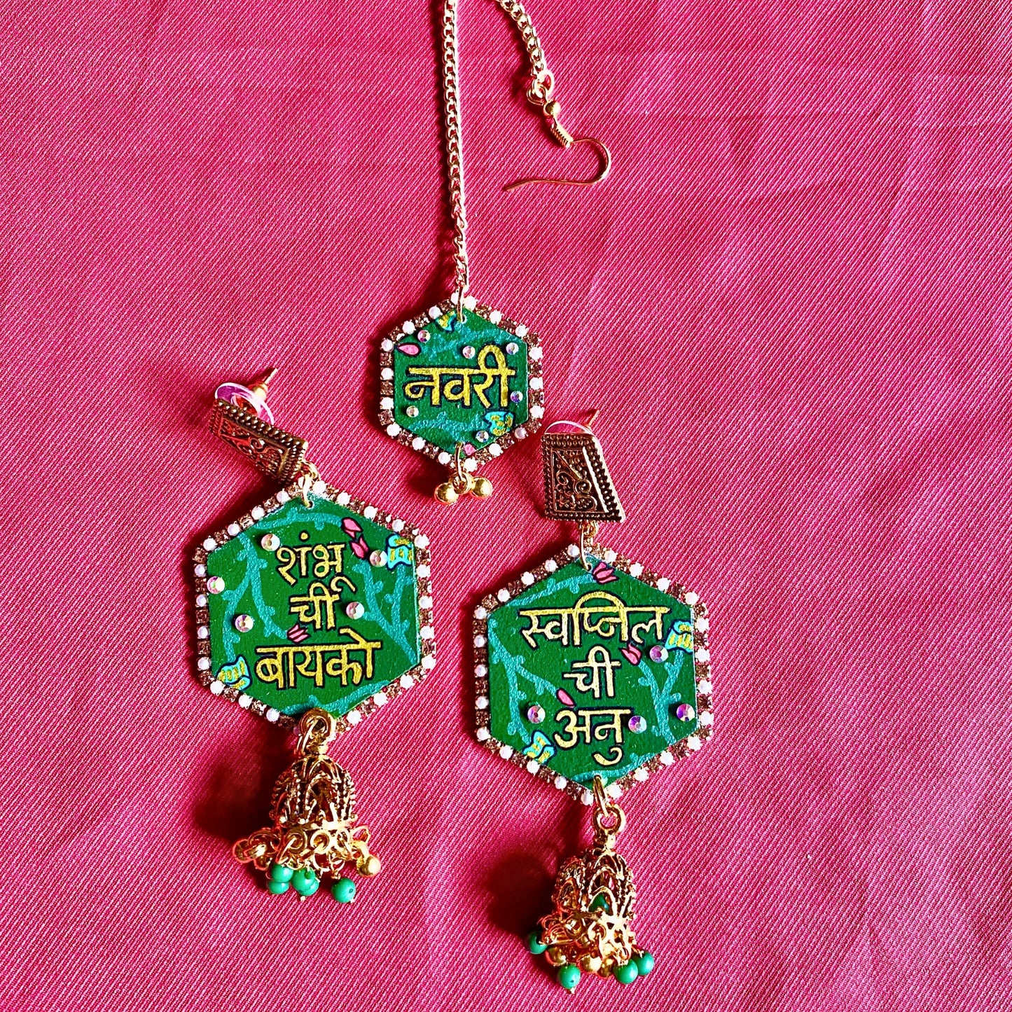 Bridal Earrings & Maang Tikka - Hexagon Shape - Shambhoo Chi Bayko