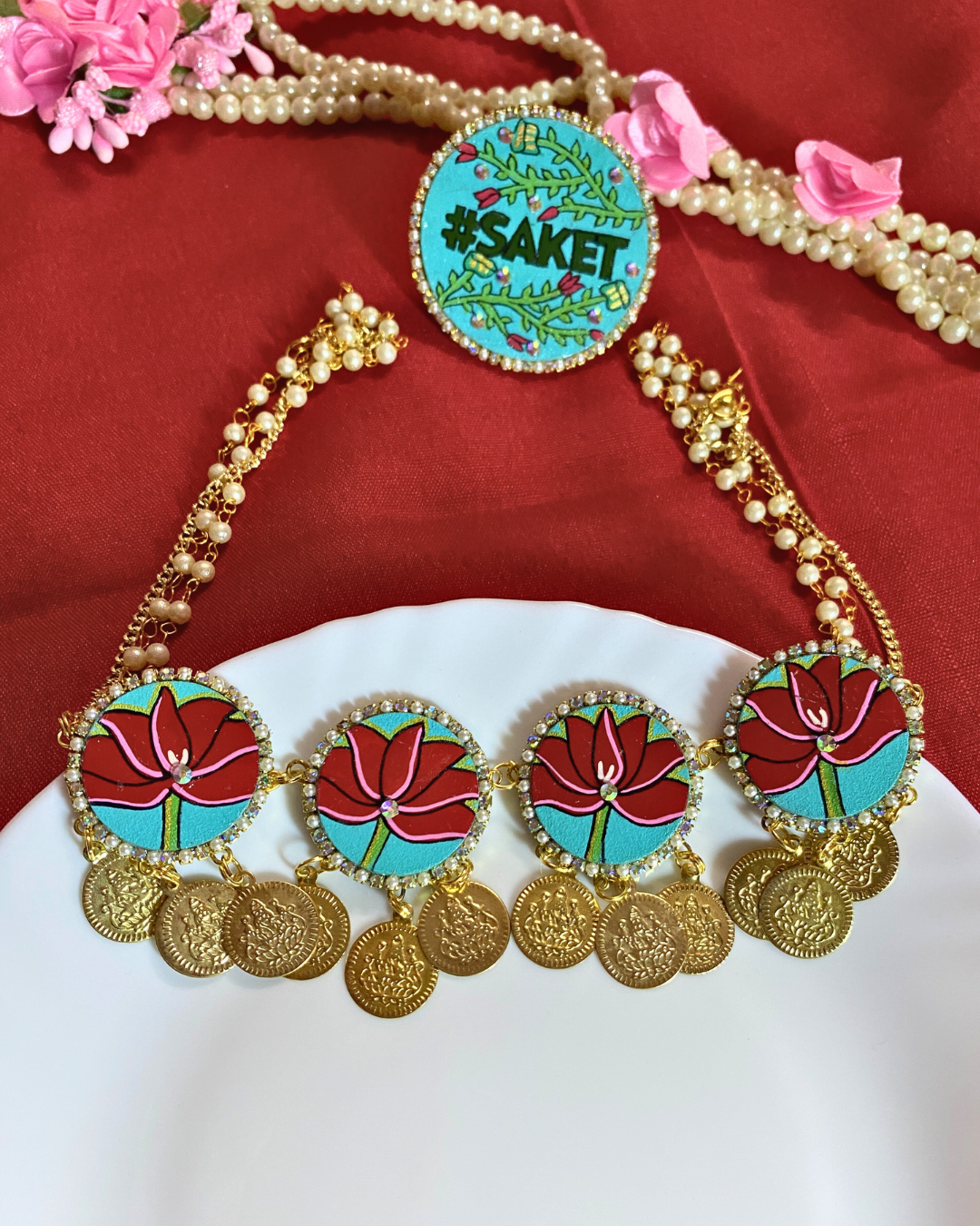 Turquoise Green and Dark Pink Hand Painted Jewellery Set