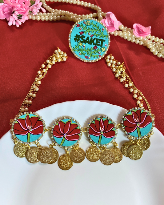 Turquoise Green and Dark Pink Hand Painted Jewellery Set