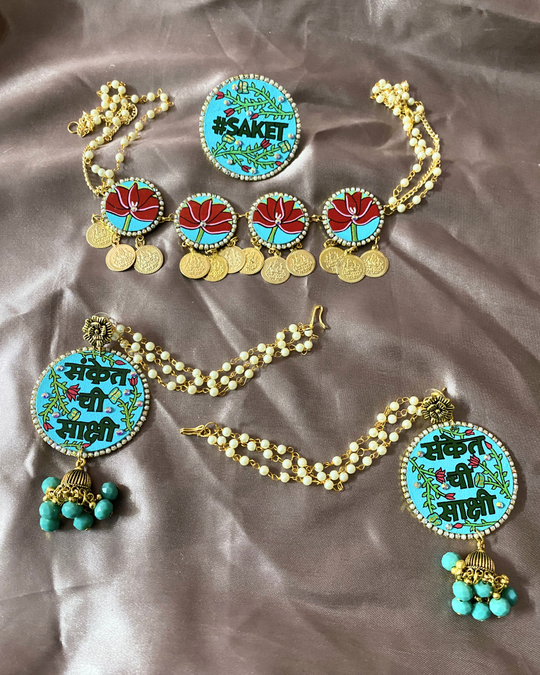 Turquoise Green and Dark Pink Hand Painted Jewellery Set