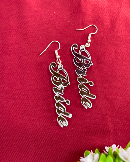 Basic Bride Text Silver Acrylic Earring