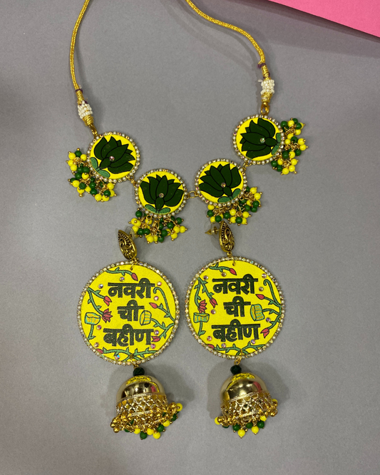 Hand Painted Yellow and Green Jewellery Set for Bride Sister
