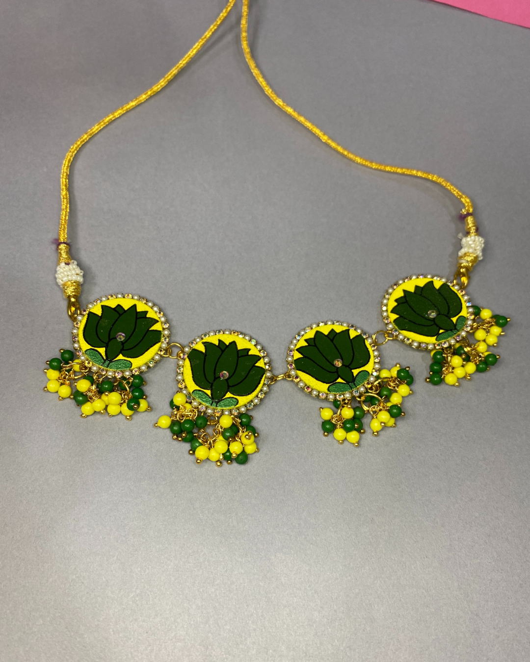 Hand Painted Yellow and Green Jewellery Set for Bride Sister