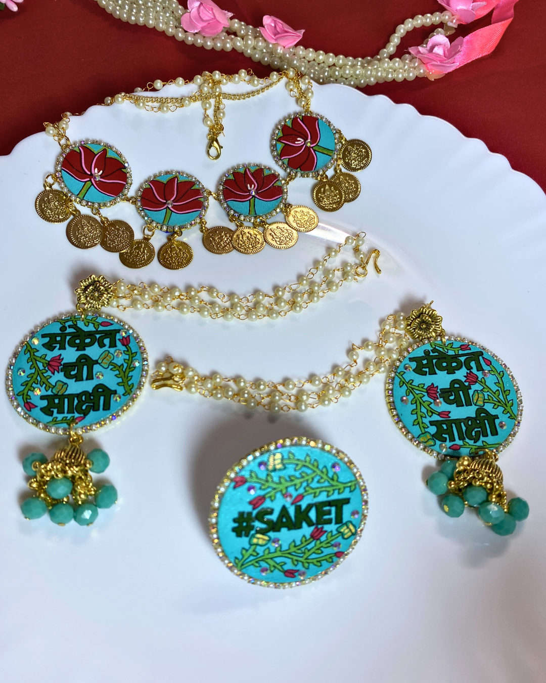 Turquoise Green and Dark Pink Hand Painted Jewellery Set