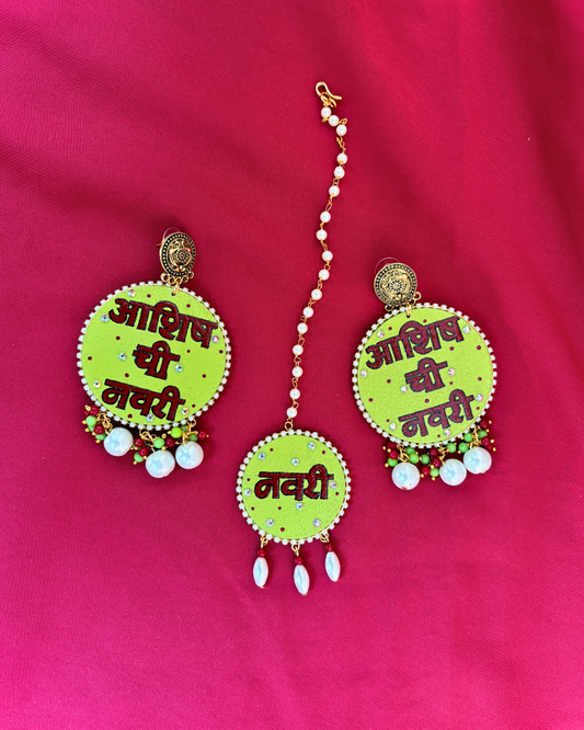 Hand-Painted Earrings and Maang Tikka Set with Groom Name Text | Green and Red