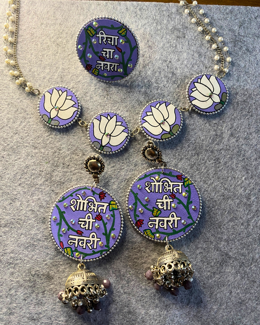 Purple and White Hand Painted Jewellery Set