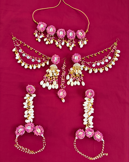 Hot Pink Pearl & Cowrie Shell Bride Latkan Haldi Jewellery