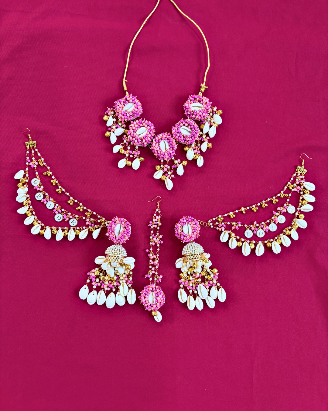 Hot Pink Pearl & Cowrie Shell Bride Latkan Haldi Jewellery
