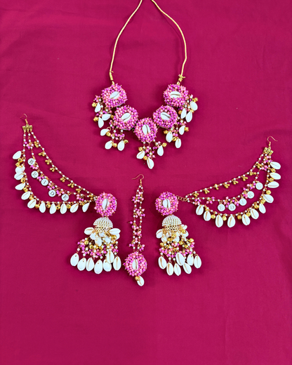 Hot Pink Pearl & Cowrie Shell Bride Latkan Haldi Jewellery