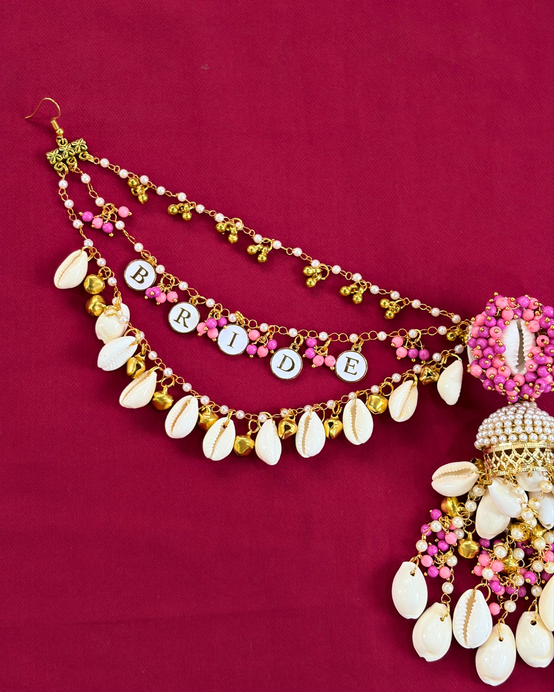 Hot Pink Pearl & Cowrie Shell Bride Latkan Haldi Jewellery