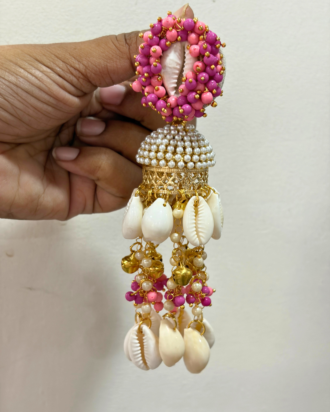 Hot Pink Pearl & Cowrie Shell Bride Latkan Haldi Jewellery