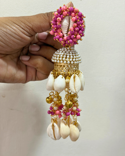 Hot Pink Pearl & Cowrie Shell Bride Latkan Haldi Jewellery