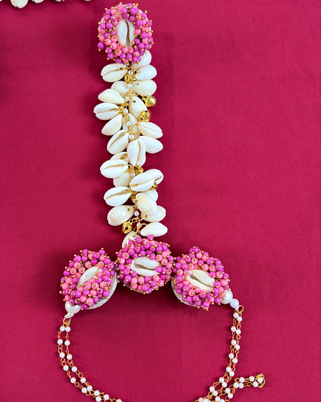 Hot Pink Pearl & Cowrie Shell Bride Latkan Haldi Jewellery