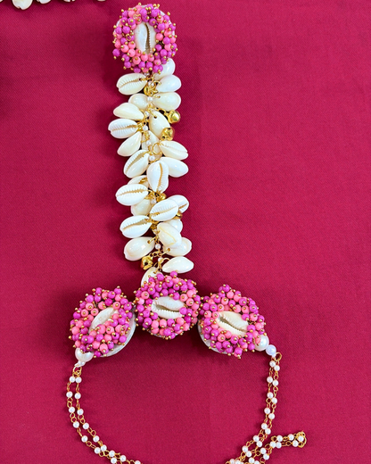 Hot Pink Pearl & Cowrie Shell Bride Latkan Haldi Jewellery